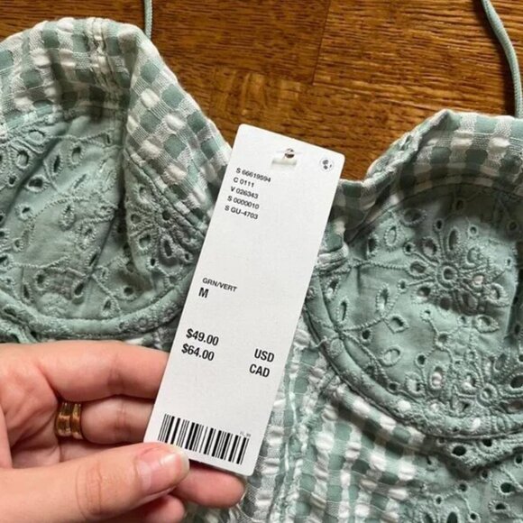 NWT urban outfitters corset top green white gingham eyelet crop bustier cami tie - Picture 2 of 3